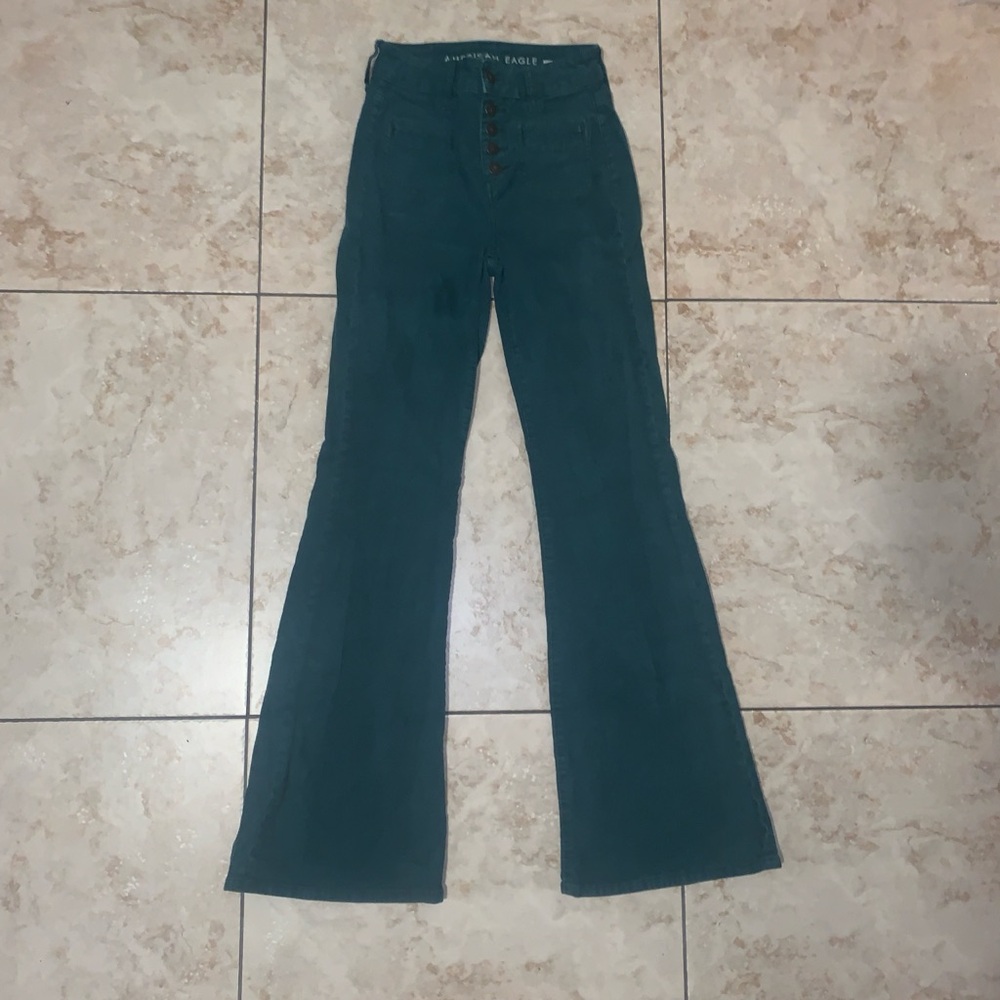 Green super high rise flare pants